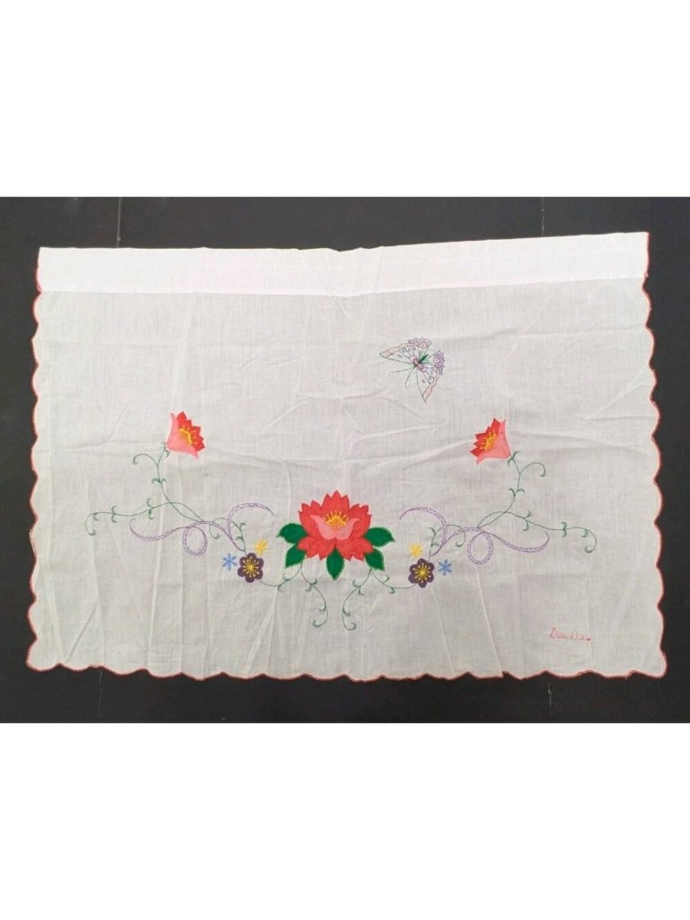 Handmade Embroidered Cafe Curtain Panel Set 1 Window White Sheer Signed 23"